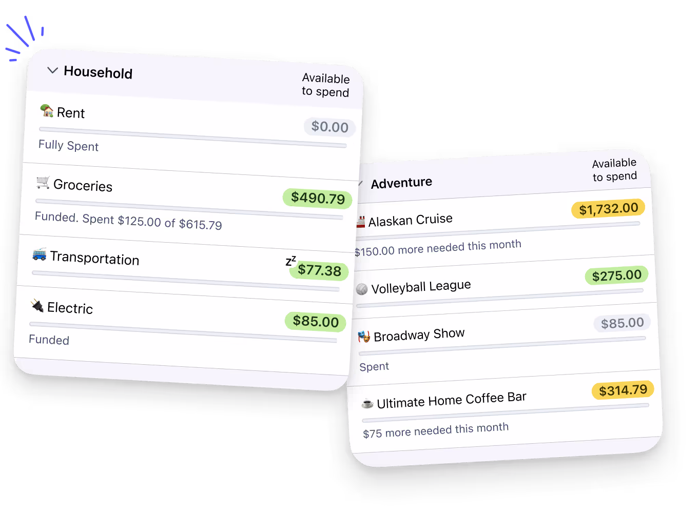 Two category lists, one for household expenses and the other for adventures